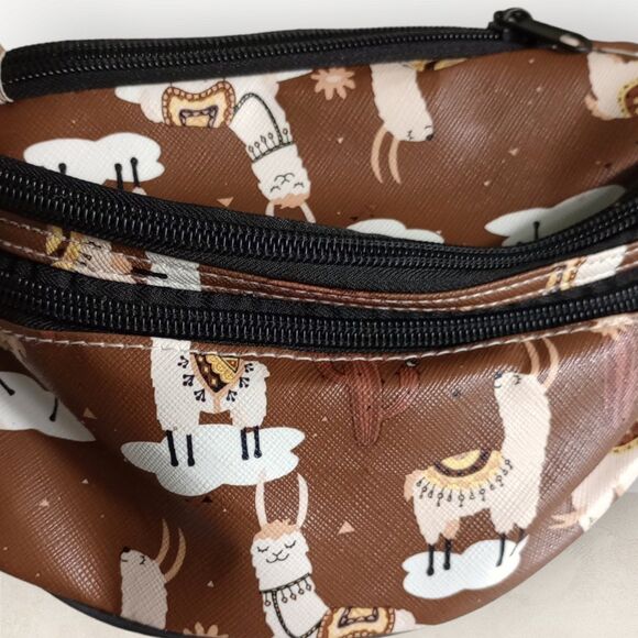 New Llama Design Novelty Brown COATED CANVAS Fanny Bag Crossbody 2 ZIP SECTIONS - Picture 3 of 8